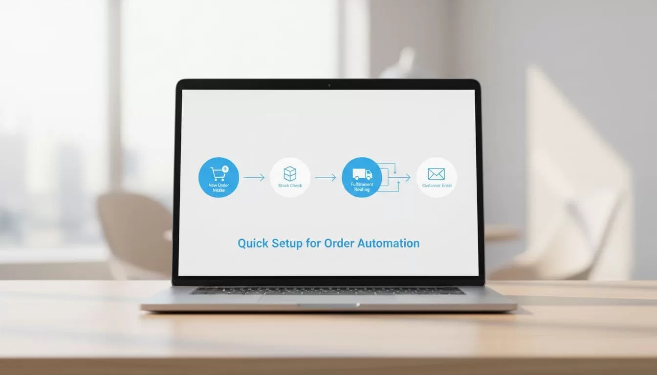 Laptop screen shows clean dashboard with icons for order intake, stock check, fulfillment routing, and customer email, connected by arrows.