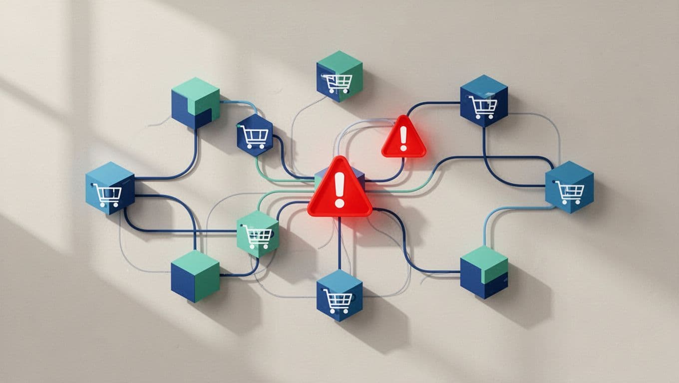 Flowchart shows order routing to fulfillment partners, inventory sync updating shelves, and exception alert via connected icons.