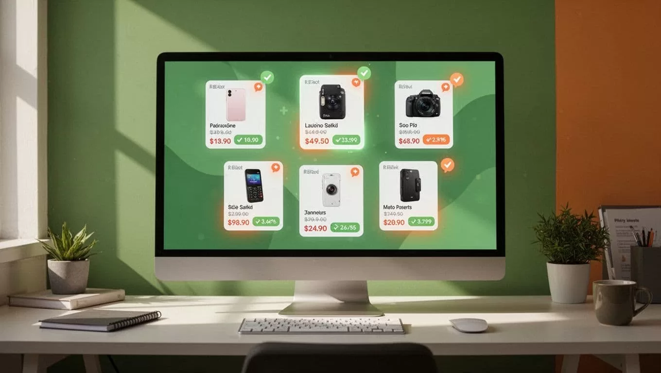 Computer screen on desk displays ecommerce product cards with price change highlights and notification badges in green-orange palette.