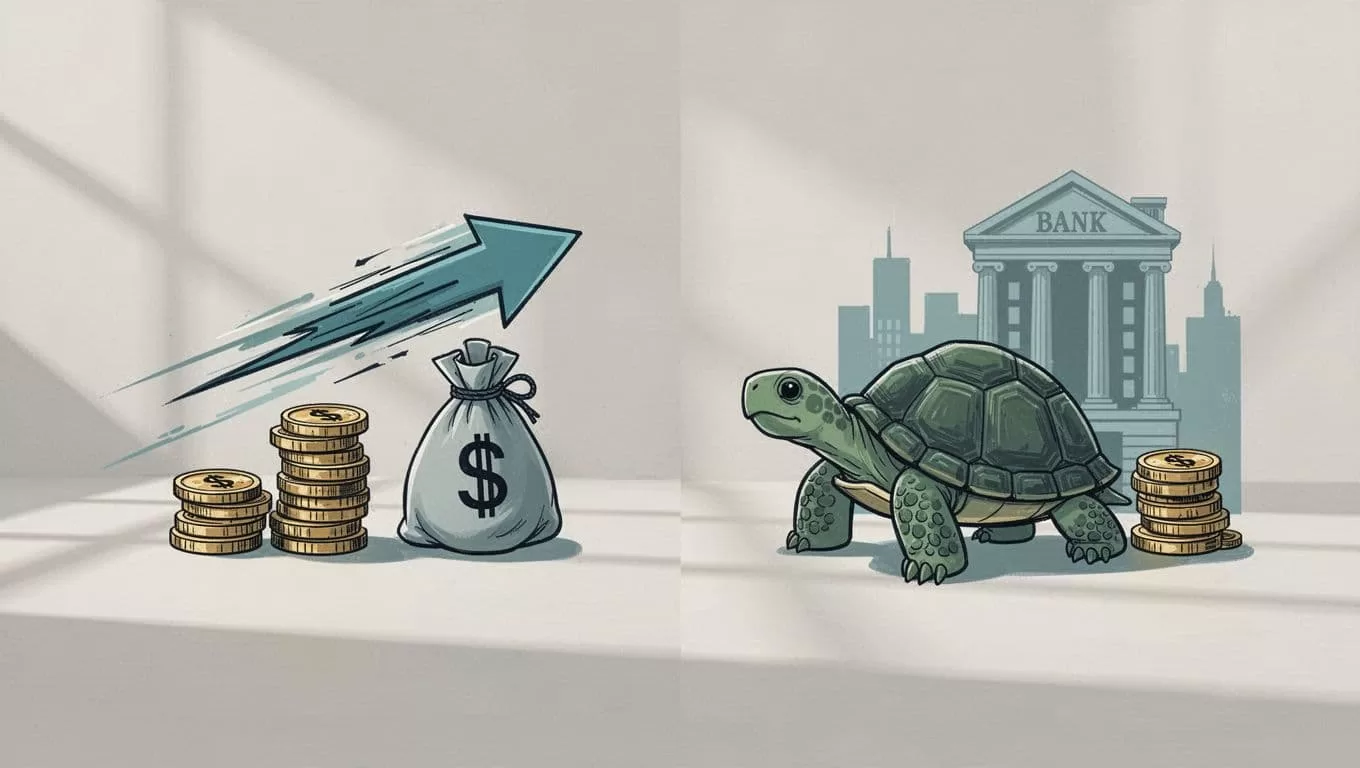 Comparison chart showing economy and express transfer options with speed, cost, cash pickup, and bank deposit icons.