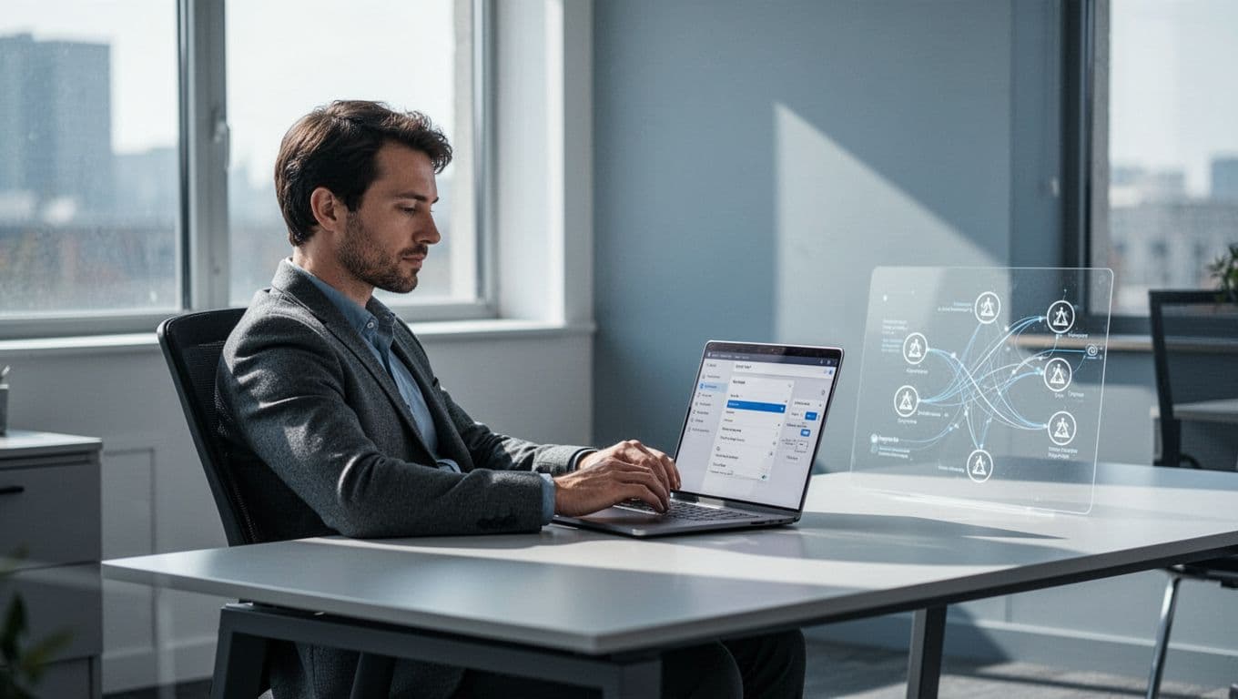 Admin in office relaxes at desk viewing laptop with nearby email flow diagram and subtle error icons.