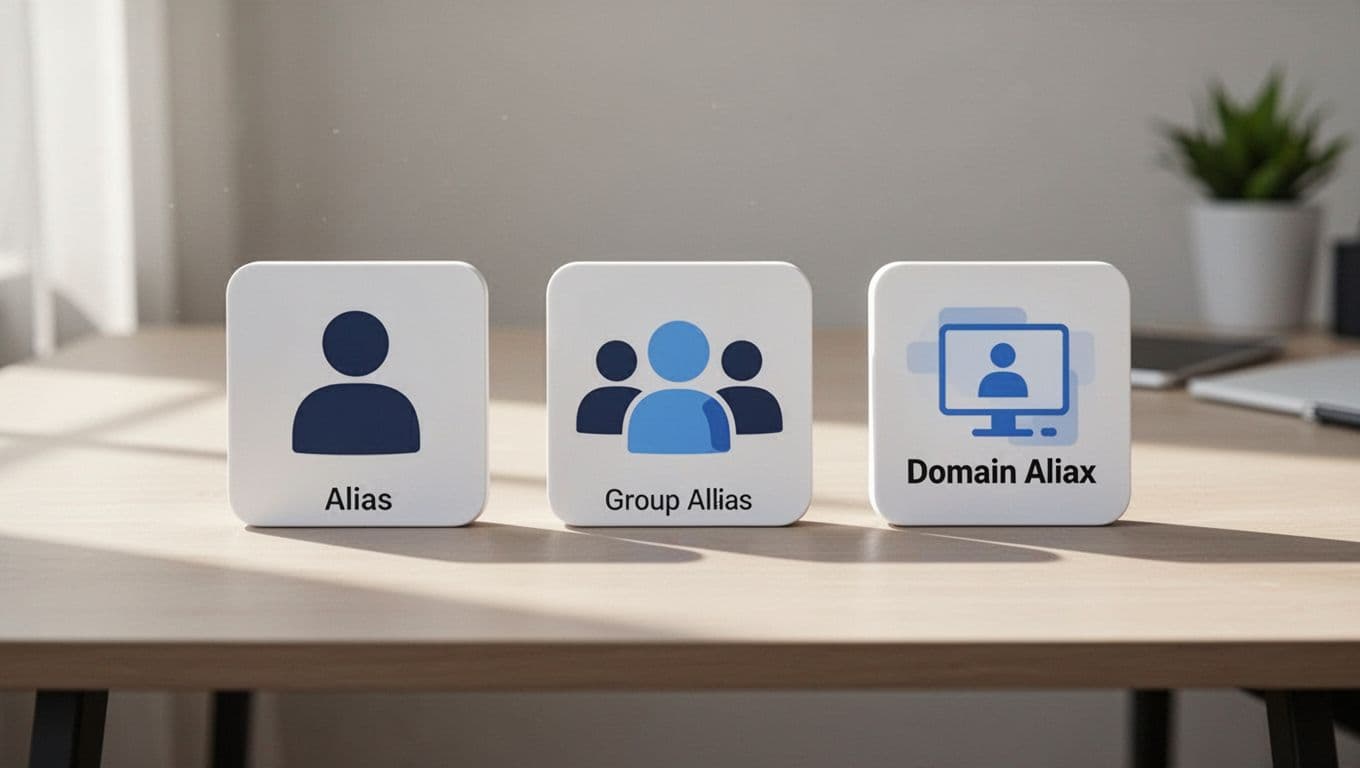 Three simple icons for user, group, and domain aliases arranged on a shared workspace table.