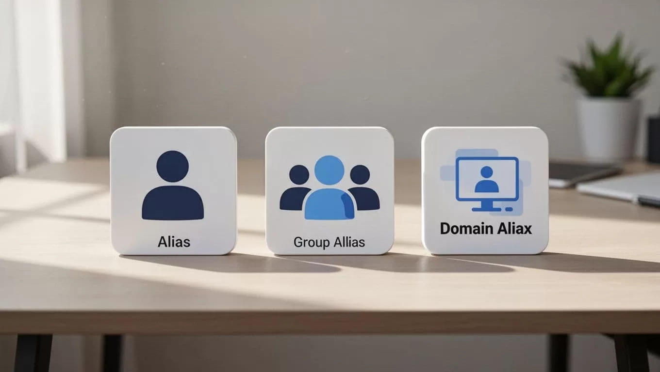 Three simple icons for user, group, and domain aliases arranged on a shared workspace table.