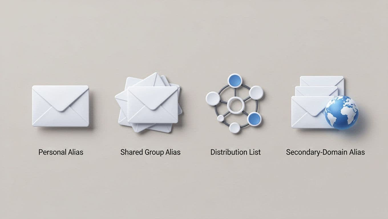 Four side-by-side icons show single inbox, shared users, distribution list, and multiple users.
