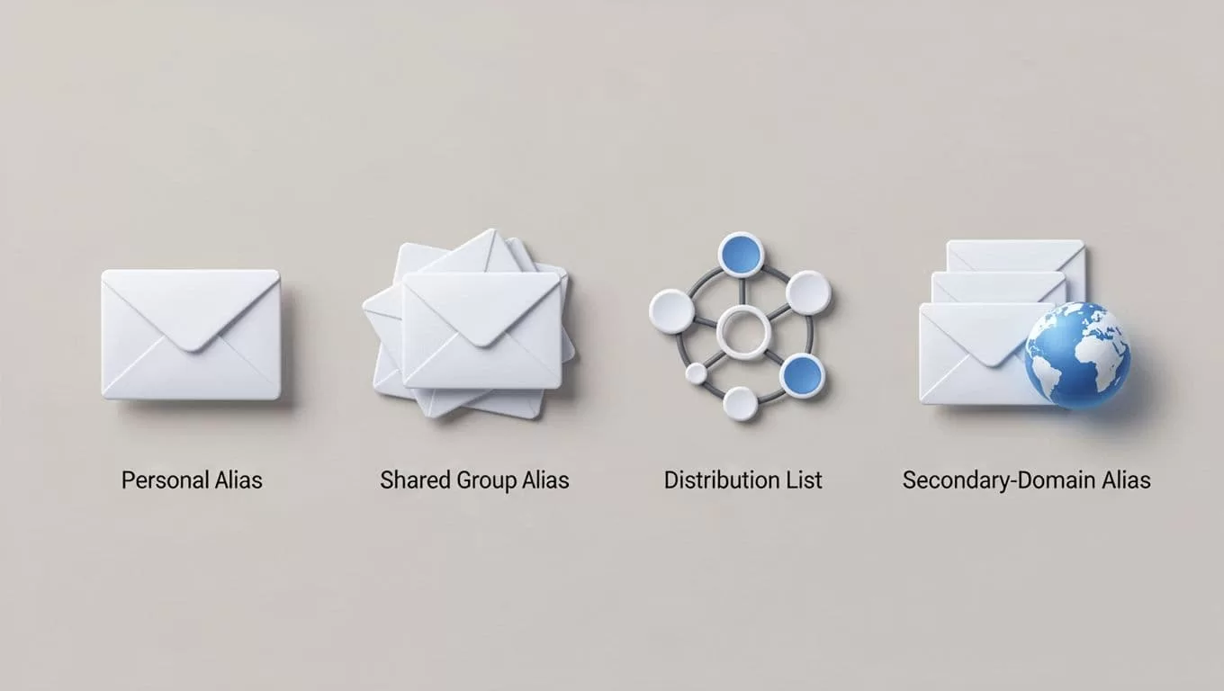 Four side-by-side icons show single inbox, shared users, distribution list, and multiple users.
