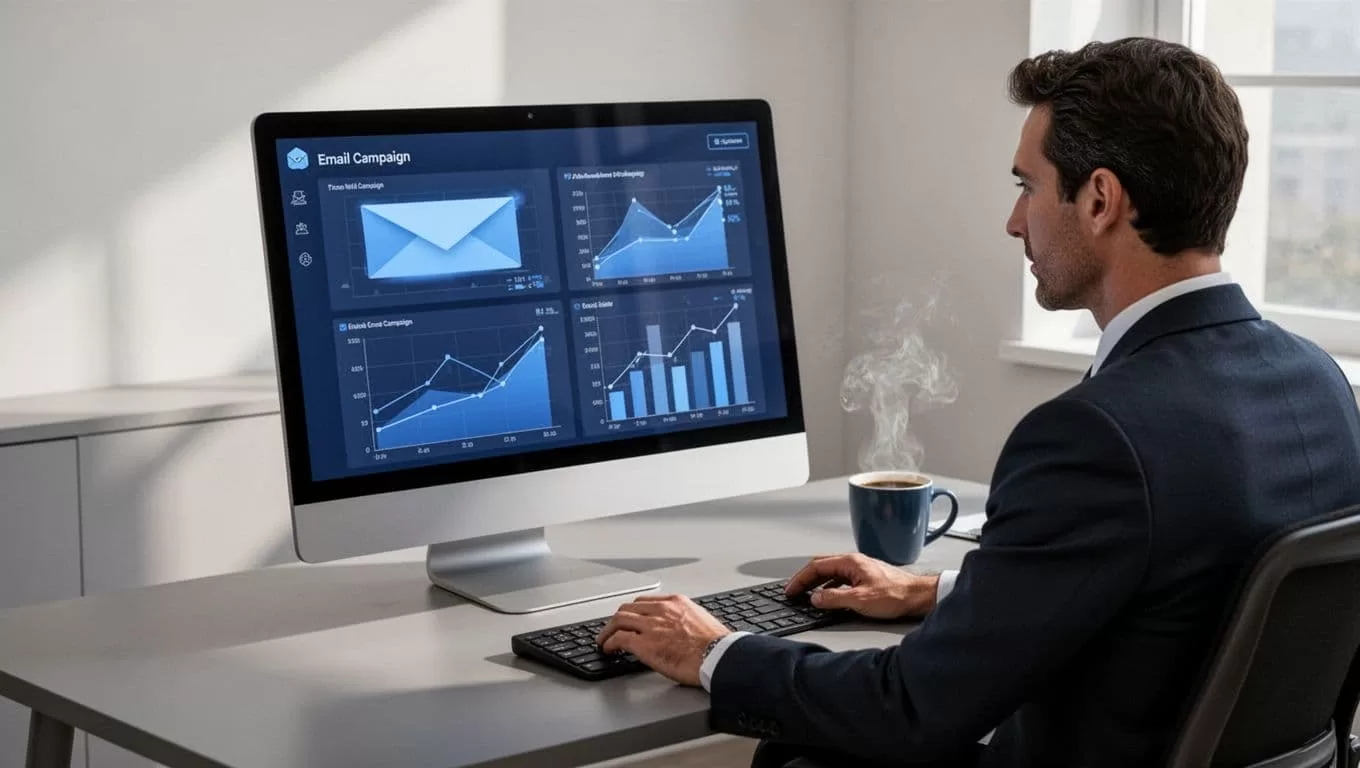 Marketer at desk views computer dashboard with blue charts for email opens, replies, and meetings booked, coffee nearby.