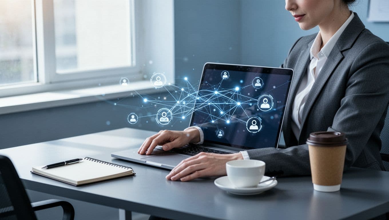 Business professional at sleek desk with open laptop showing abstract email connections, notepad, and coffee cup.