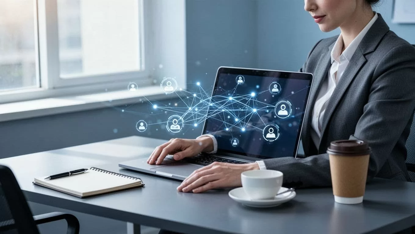 Business professional at sleek desk with open laptop showing abstract email connections, notepad, and coffee cup.