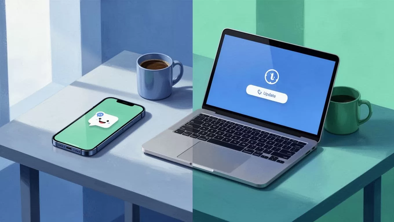 Desk with phone showing email notification, laptop displaying credit card update button, and coffee mug.