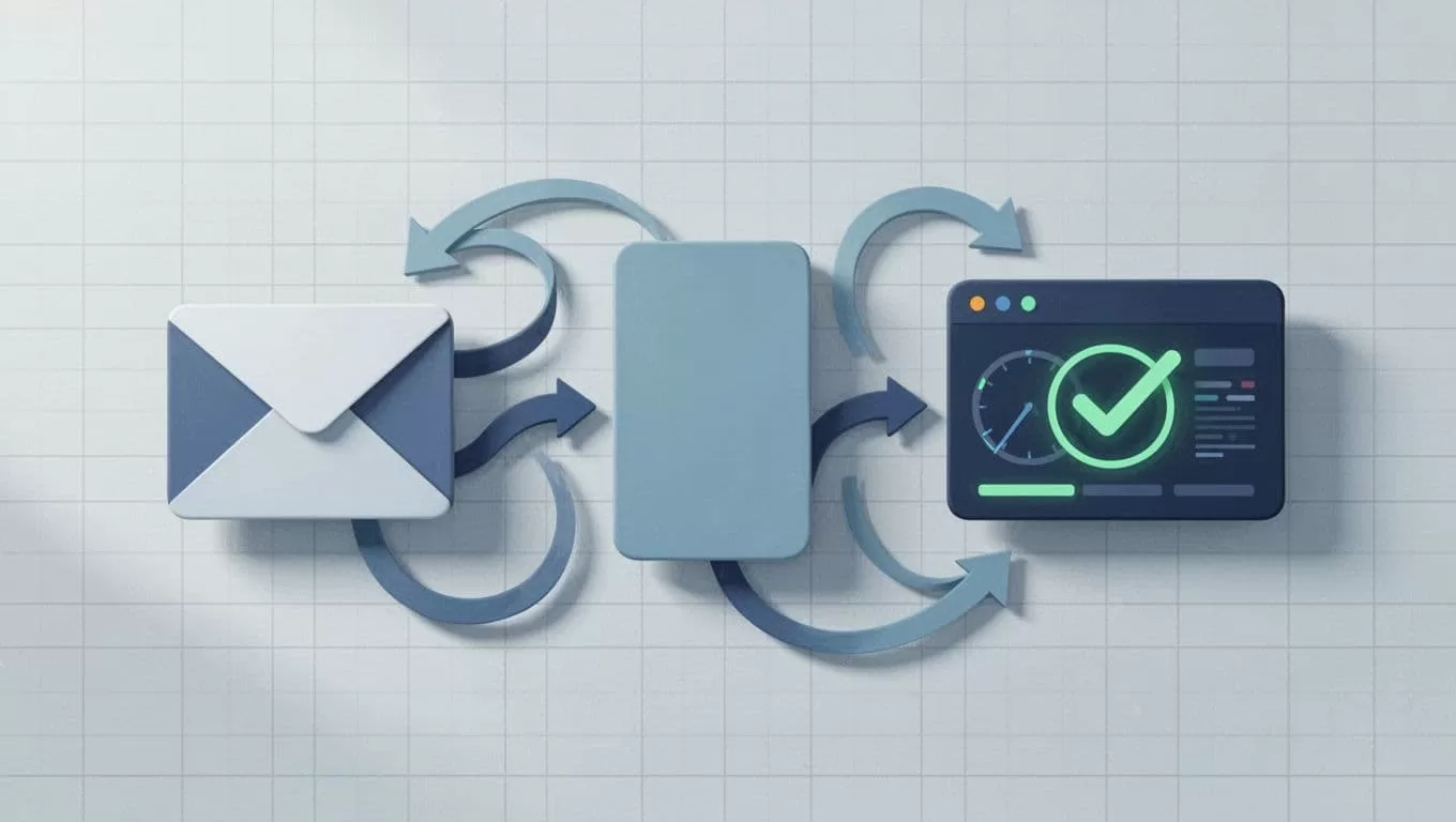 Data flows from email icon to lead form to Salesforce CRM dashboard with checkmark, connected by arrows on subtle grid background.