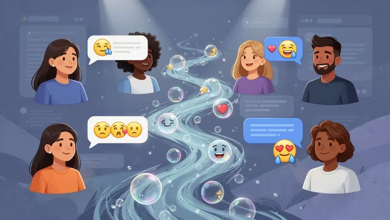 Six diverse avatars interact via chat bubbles and reactions in a modern forum.