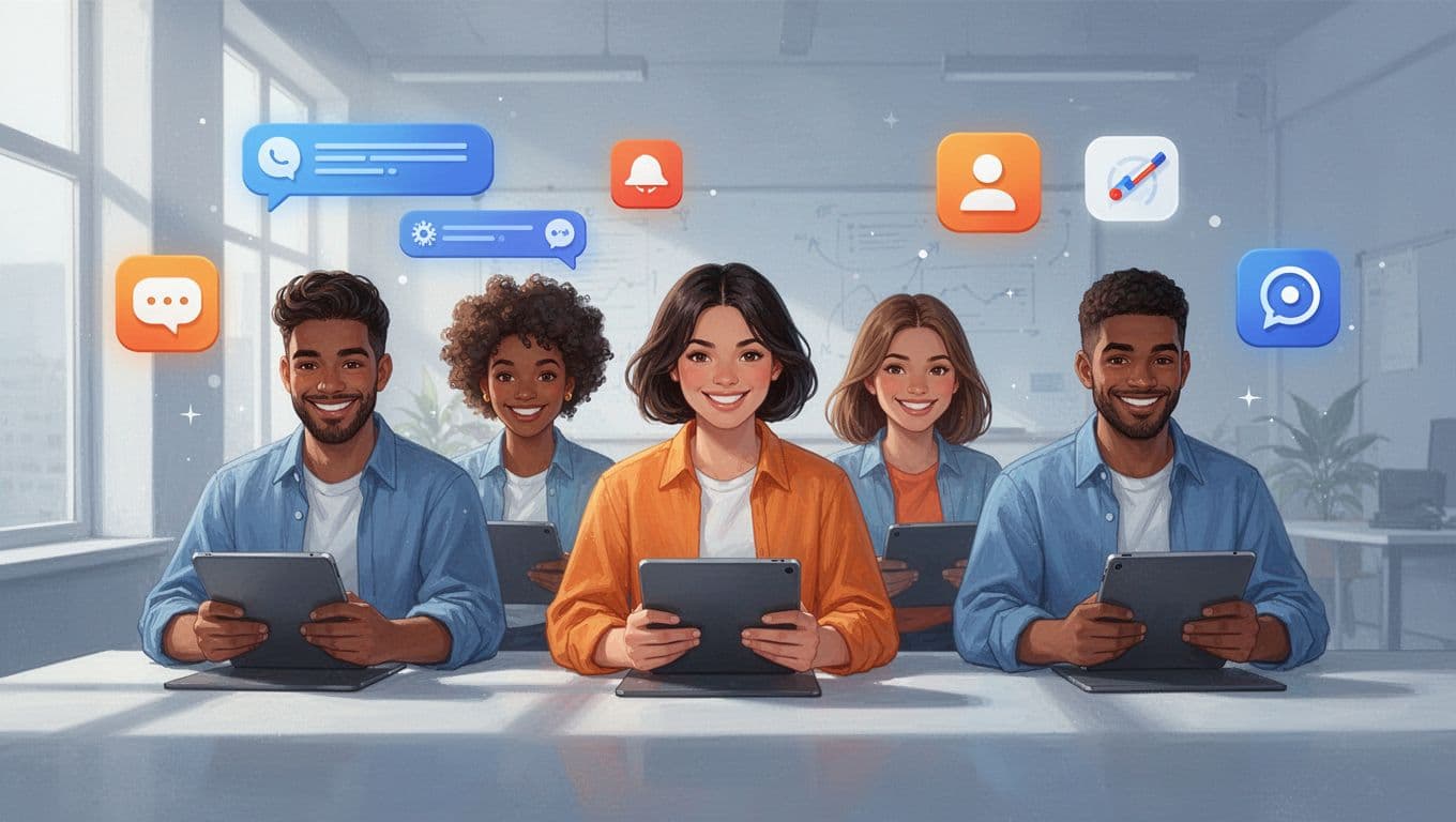 Four diverse people smile and type on devices with floating chat, event, and poll icons.