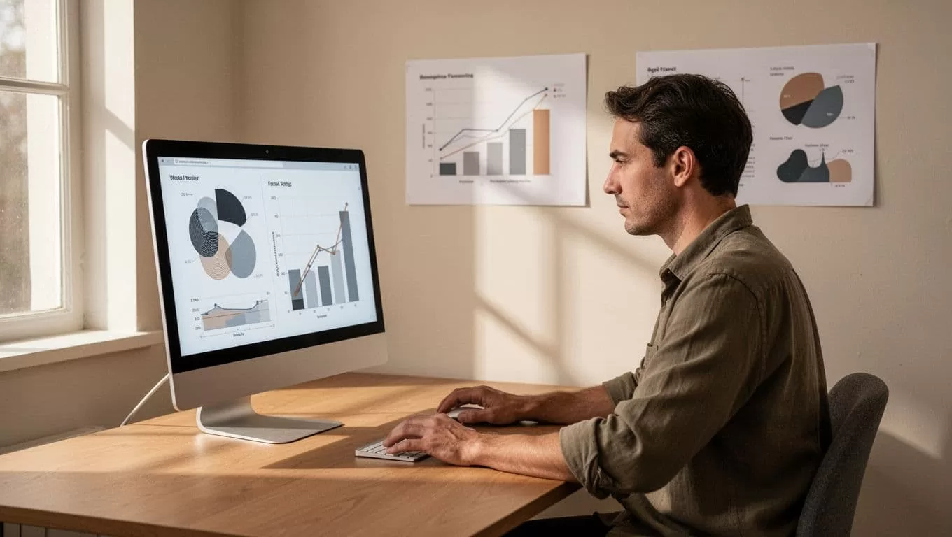 Side view of entrepreneur in minimalist home office viewing abstract growth charts on screen and wall.