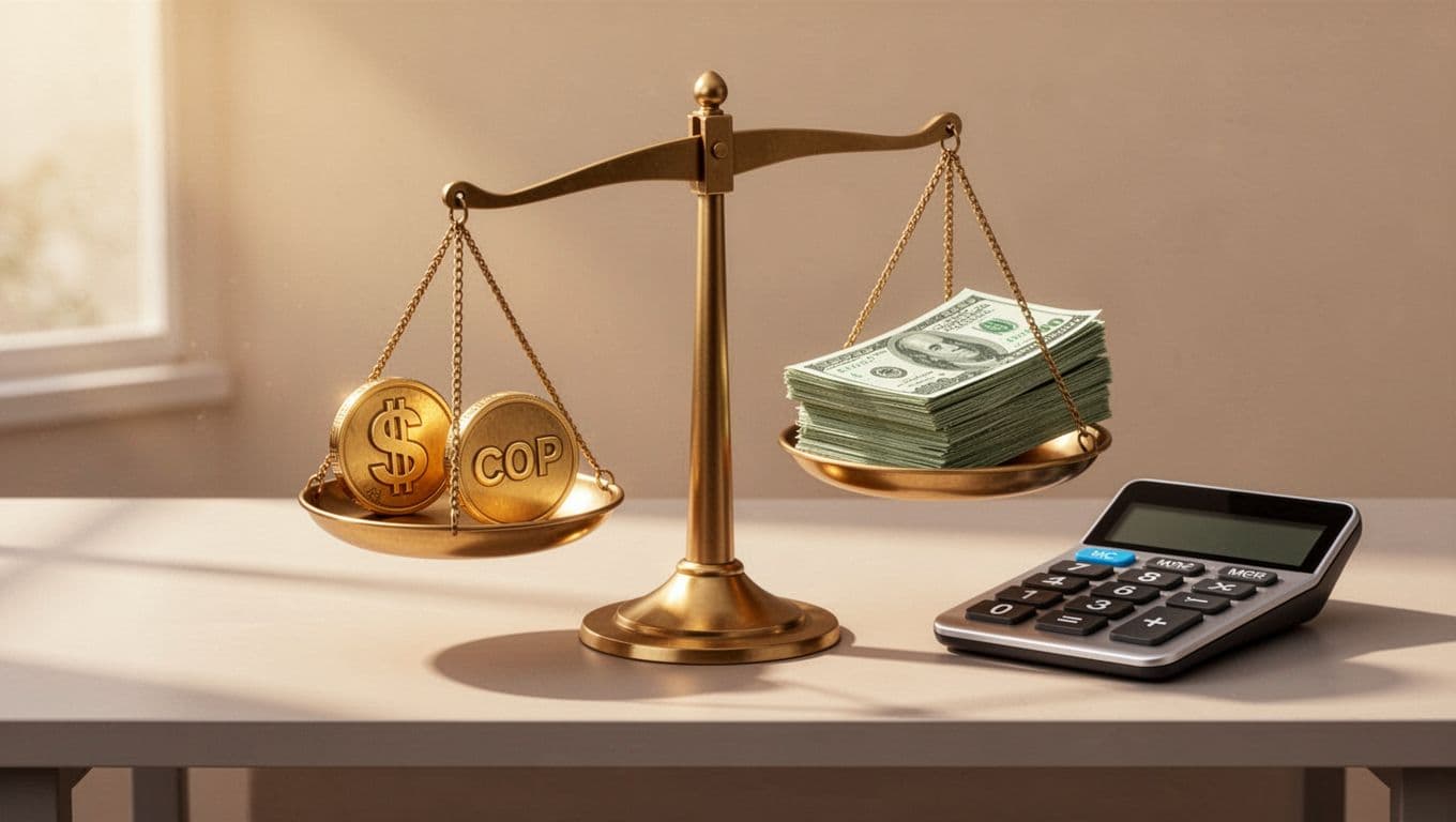 Balance scale compares USD to COP exchange rate icons against dollar bill fee icons on a desk with calculator.
