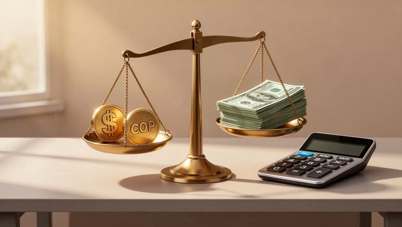 Balance scale compares USD to COP exchange rate icons against dollar bill fee icons on a desk with calculator.