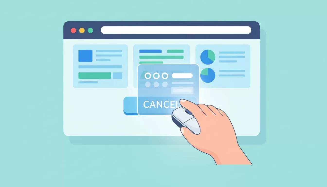 Hand hovers mouse over cancel button on web dashboard, triggering subtle exit survey popup.