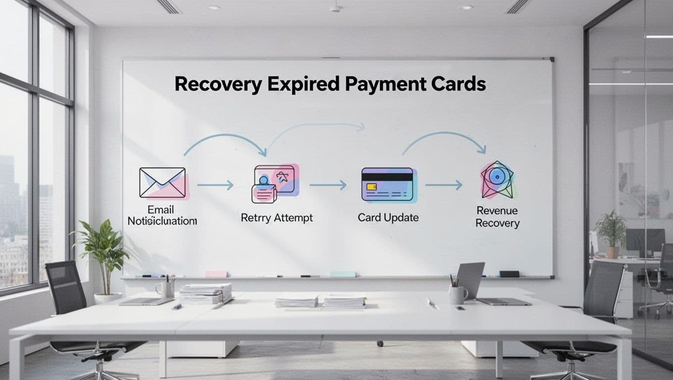 Flowchart on whiteboard illustrates email sequence from failed payment to successful retry, with card update and revenue icons.