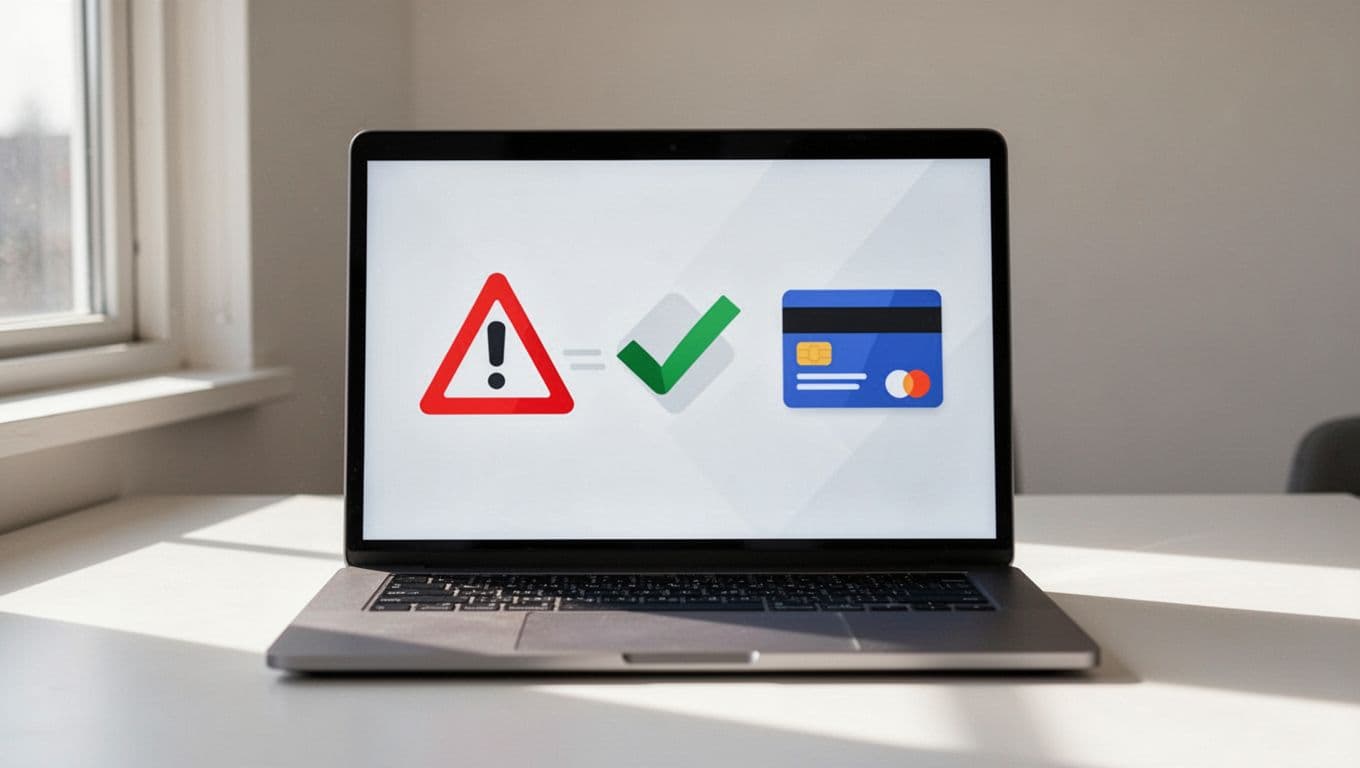 Laptop screen shows icons transitioning from failed payment notification to successful recovery email and card update.