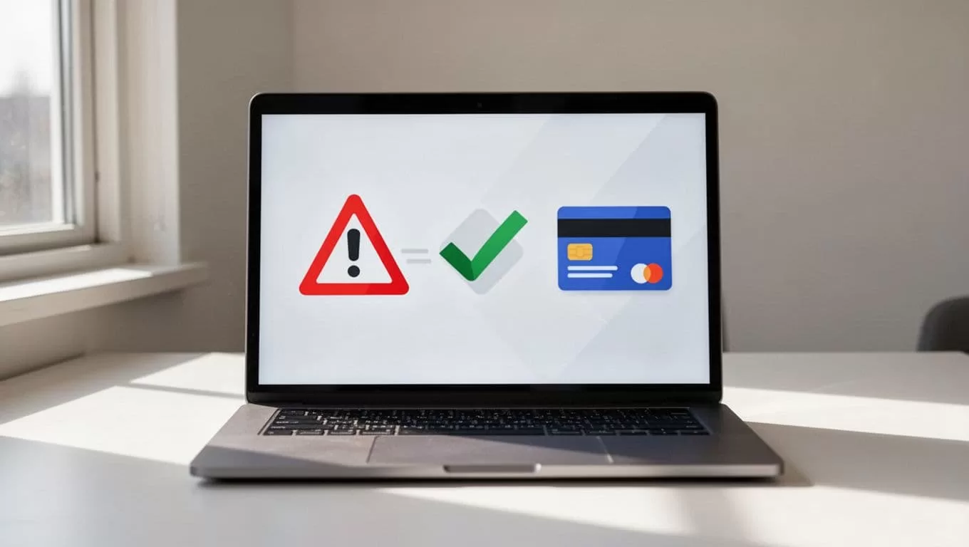 Laptop screen shows icons transitioning from failed payment notification to successful recovery email and card update.