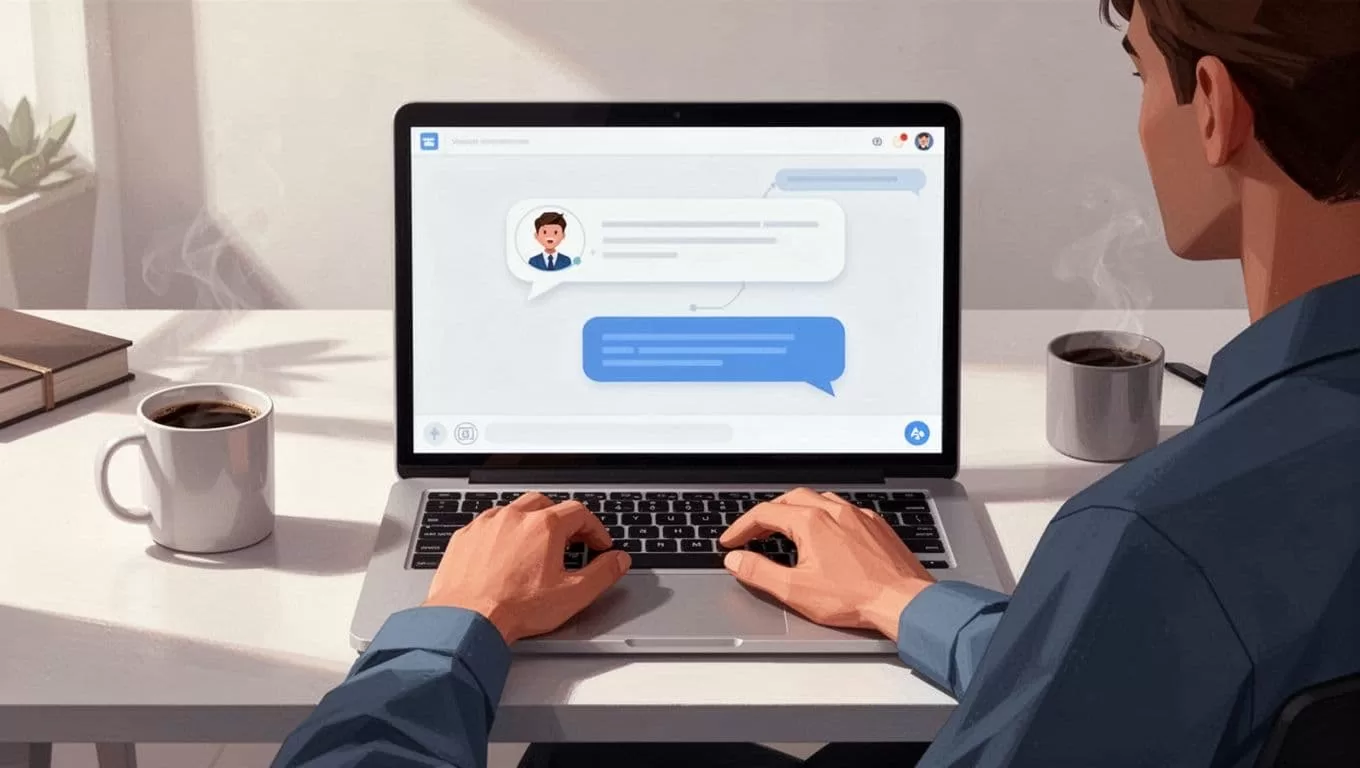 Hands near laptop screen showing simple chat bot interface, coffee mug on desk.