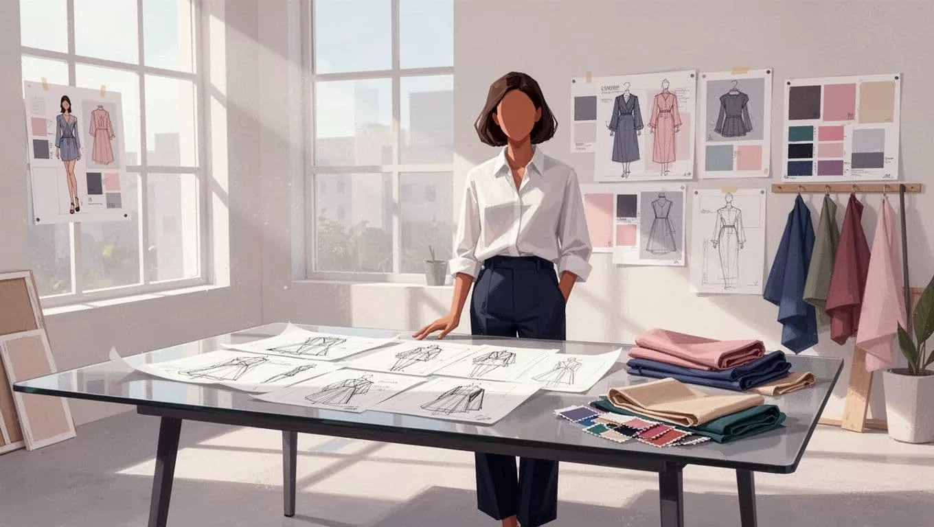 One person stands near a table with design sketches in a bright studio filled with mood boards and fabric swatches.