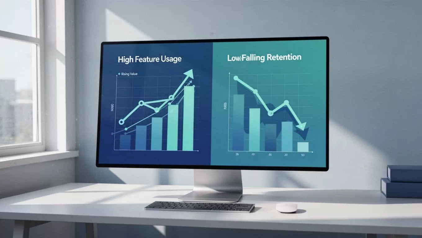 Split blue-green chart shows high feature usage with rising LTV low churn beside low usage dropping retention on minimal office background.
