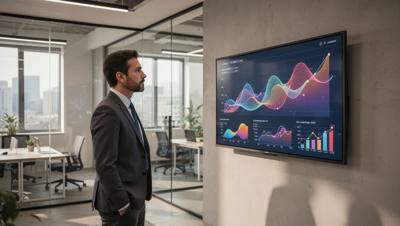 A professional analyst observes growth charts and financial metrics on a large, clear digital display.