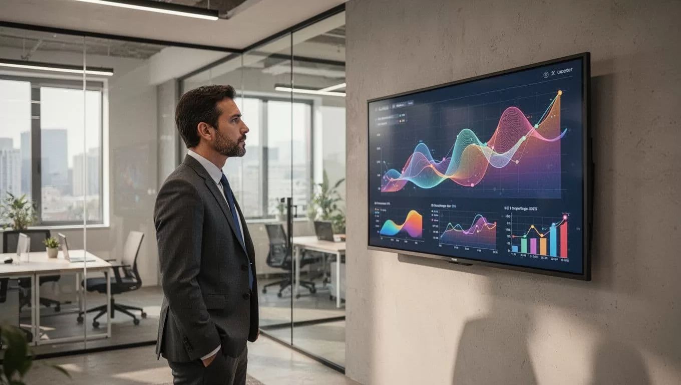 A professional analyst observes growth charts and financial metrics on a large, clear digital display.