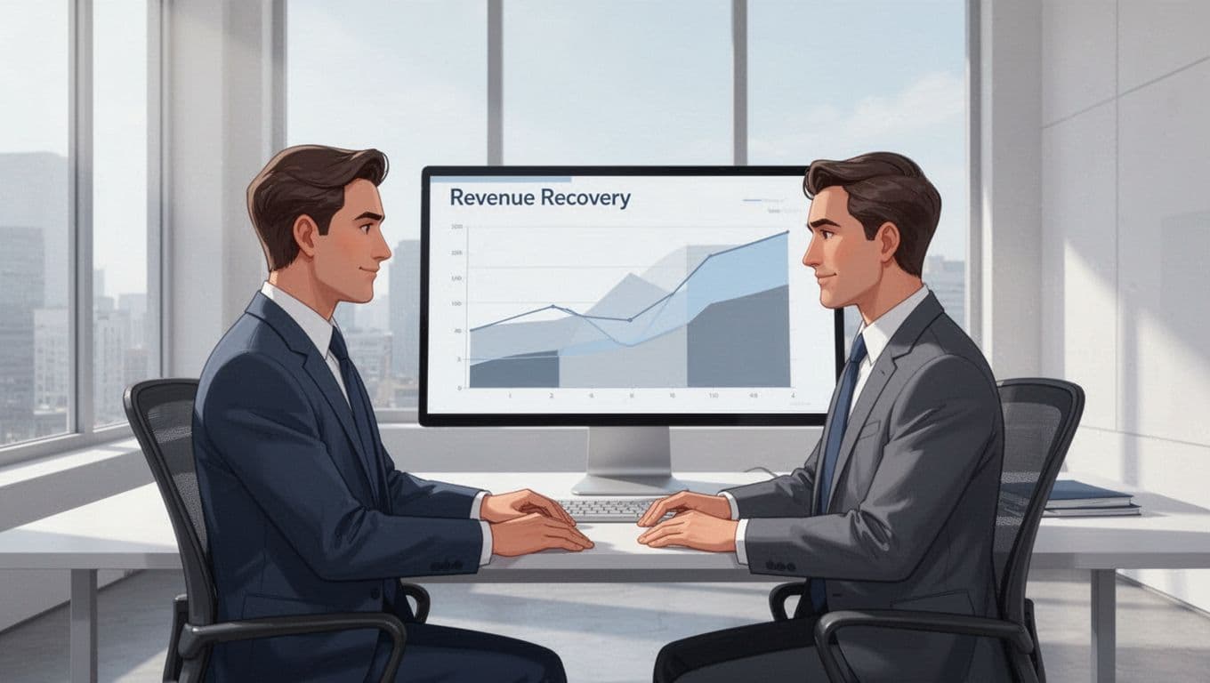 Finance leader in modern office examines revenue recovery graphs on angled monitor.