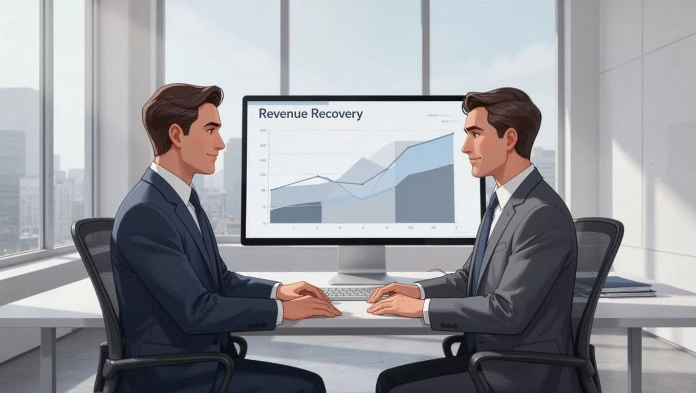 Finance leader in modern office examines revenue recovery graphs on angled monitor.