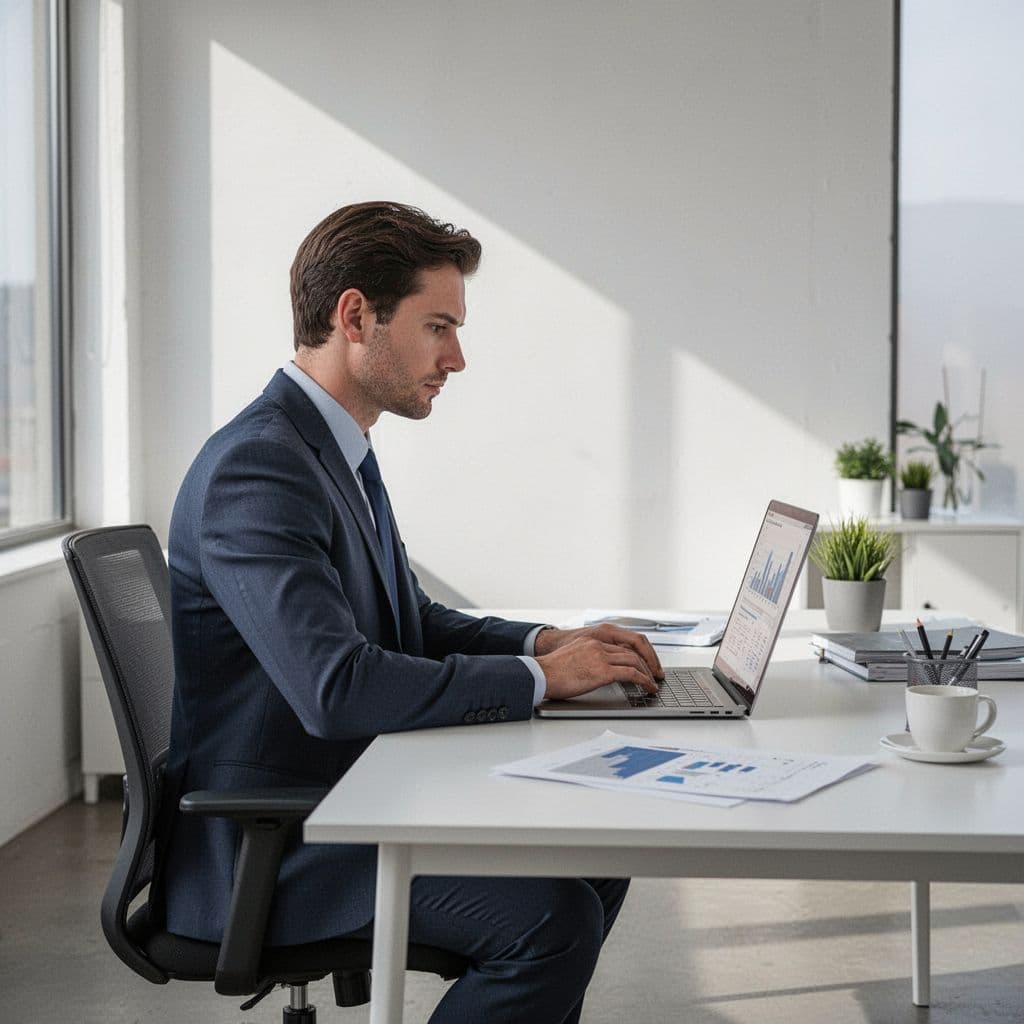 A professional analyst sits at a desk examining financial metrics on a laptop in a modern office.