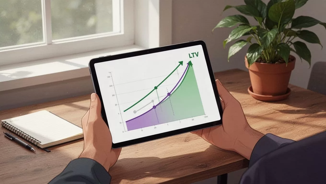 Hand holds angled tablet showing upward revenue projections and LTV curves in cozy home office with notebook and plant.