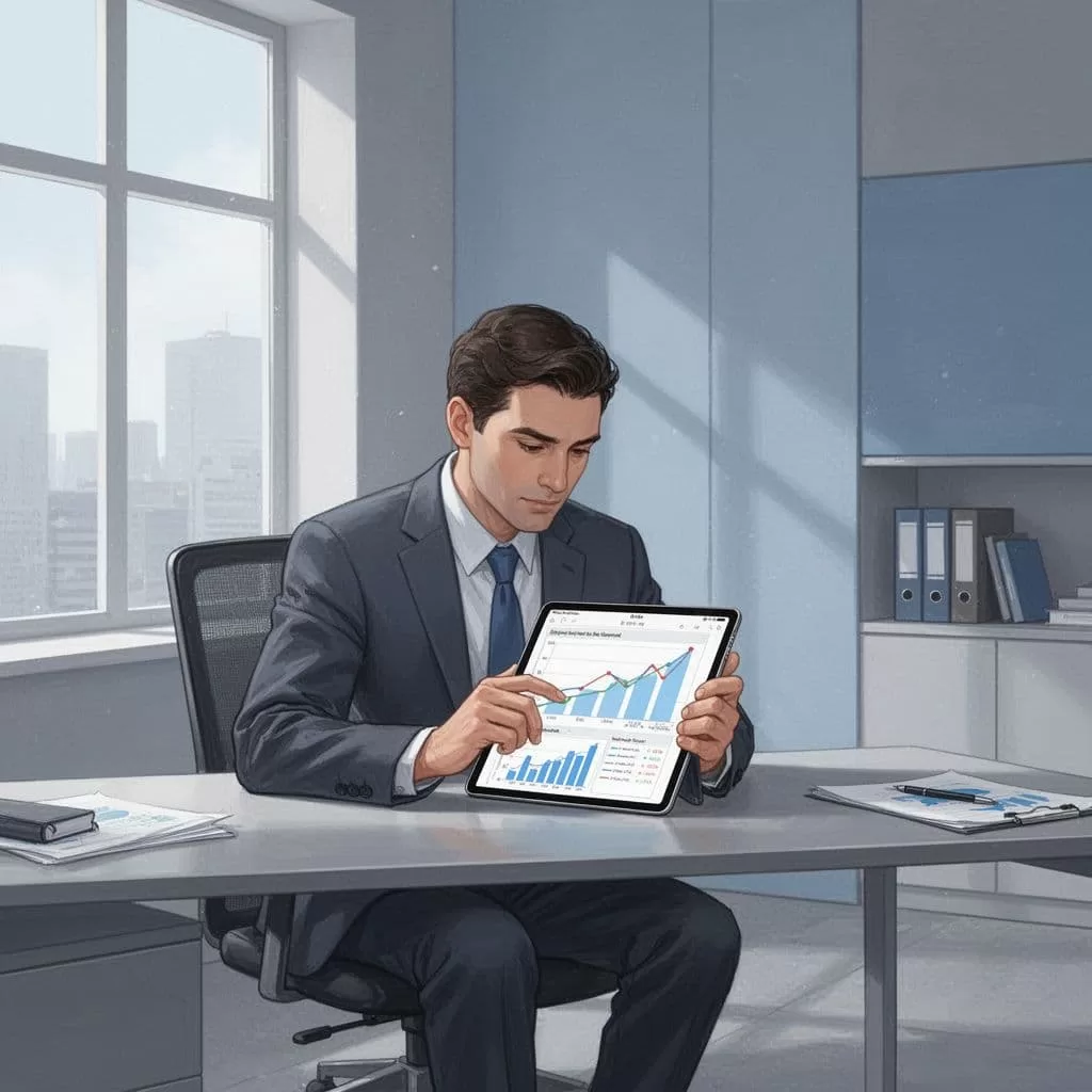 A professional examines digital financial growth charts on a tablet in a minimalist modern workspace.