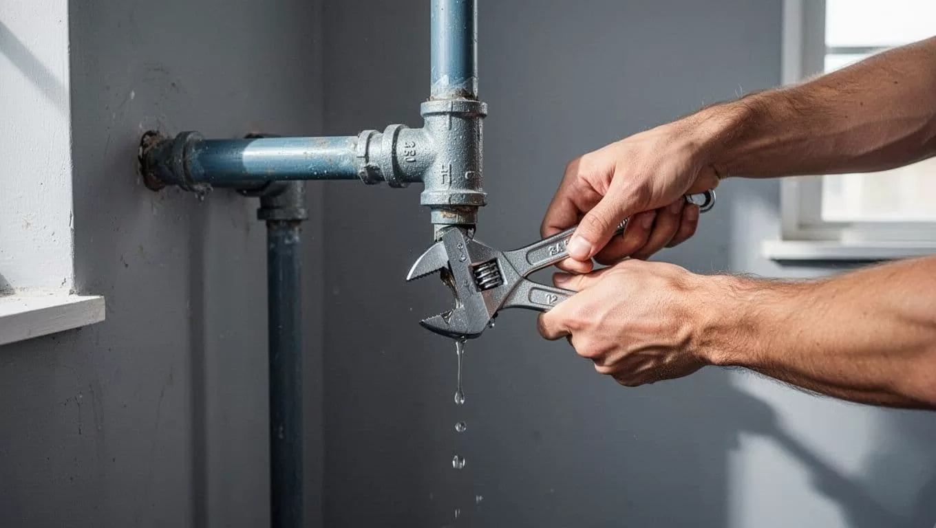 A pair of hands uses a professional tool to seal a leak in a water pipe.