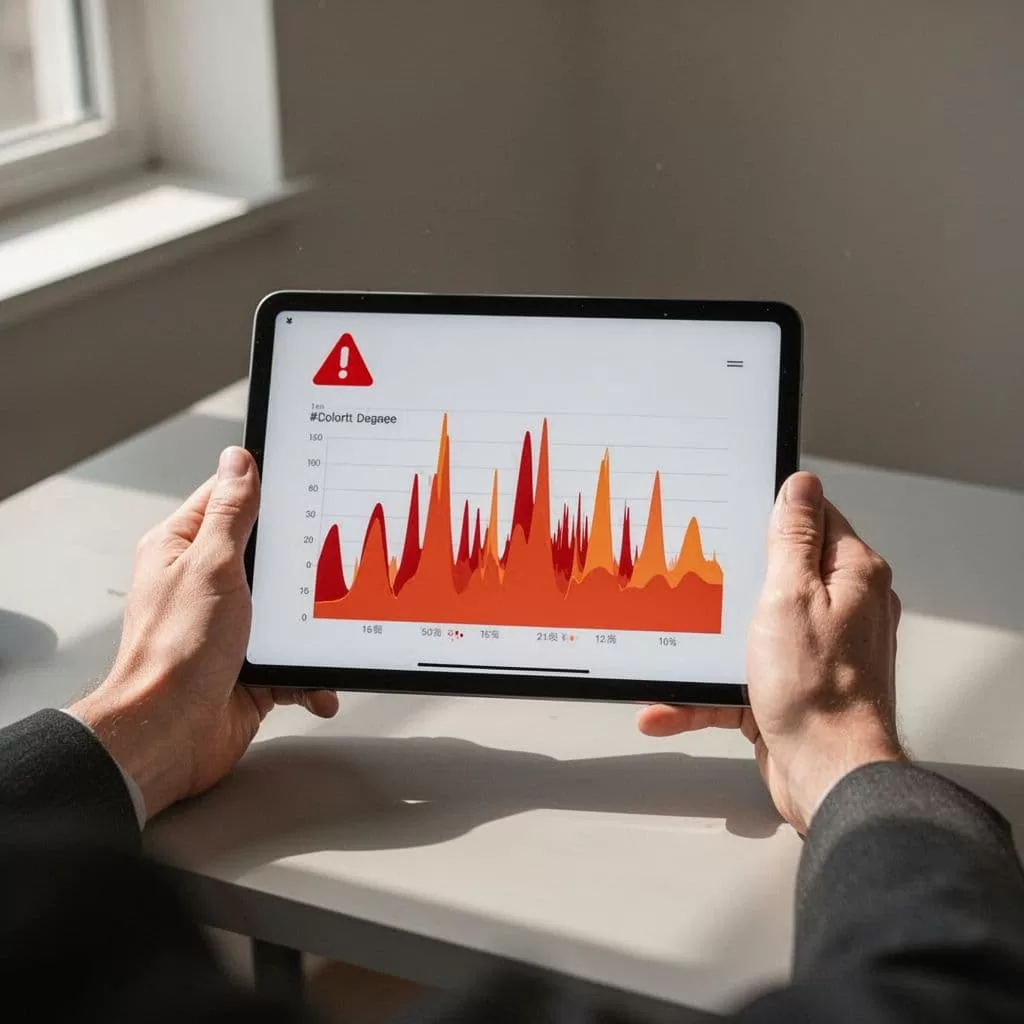 Tablet screen displays flawed cohort chart with warning icons and red flags over mixed data graphs, held in two hands on desk.
