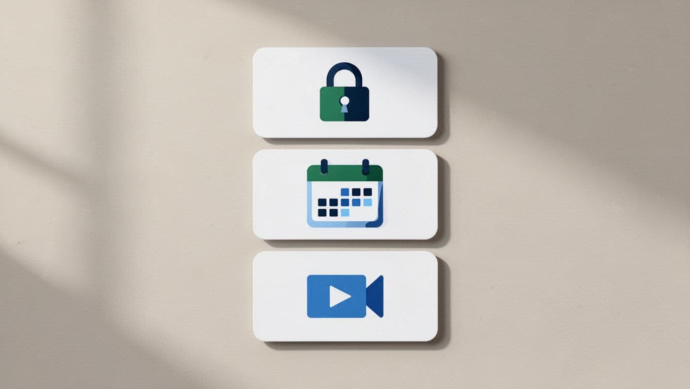 Three stacked cards show pricing tiers with lock and video icons in green-blue palette on neutral background.