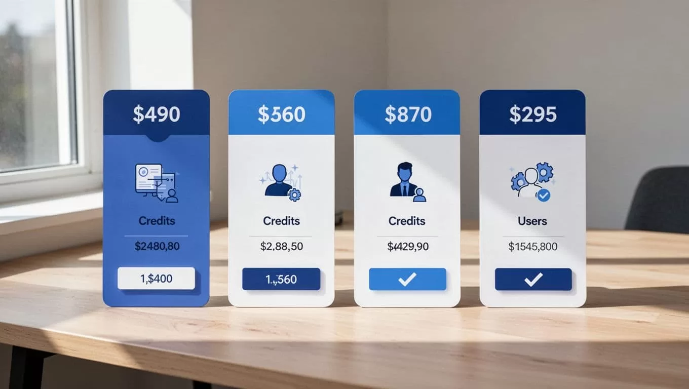 Four vertical blue-and-white pricing cards with icons arranged side by side on a light wooden desk with subtle shadows and side lighting.