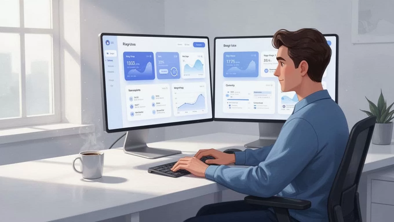 Designer at desk with dual monitors displaying Framer and MemberSpace dashboards, coffee mug nearby in clean bright office.