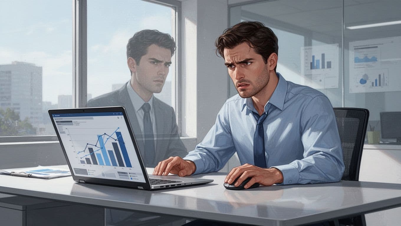 Analyst sits at modern desk in bright office, looking frustrated at laptop screen with simple bar charts and line graphs.