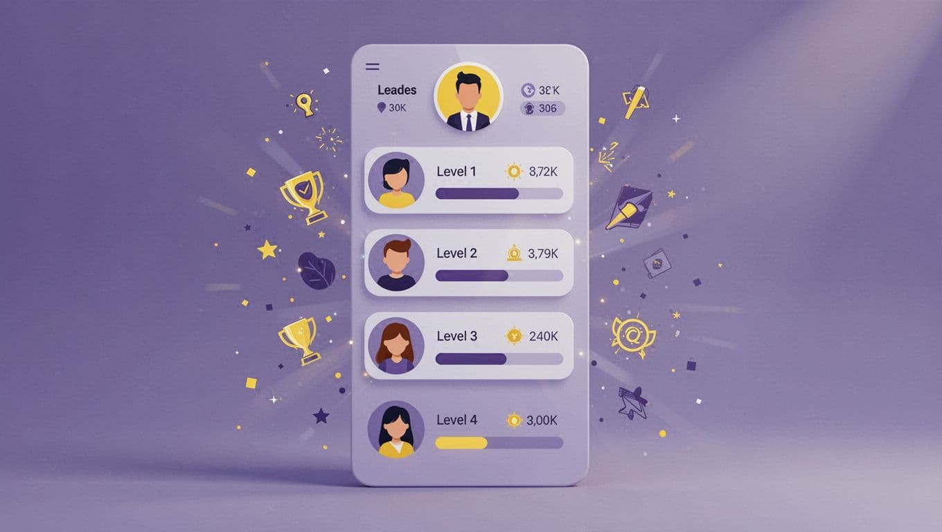 Leaderboard screen shows top 5 avatars with levels beside progress bars, surrounded by celebrating member icons in purple and yellow.