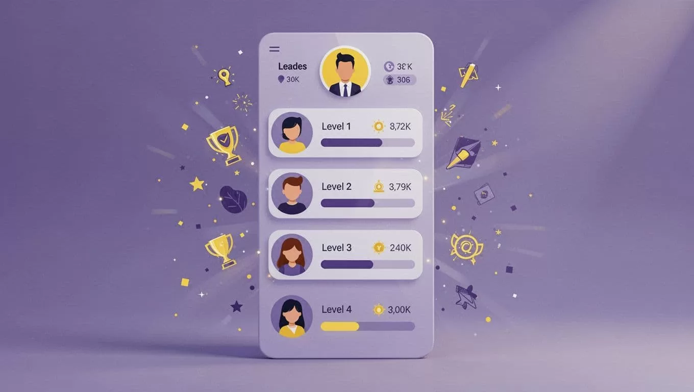 Leaderboard screen shows top 5 avatars with levels beside progress bars, surrounded by celebrating member icons in purple and yellow.