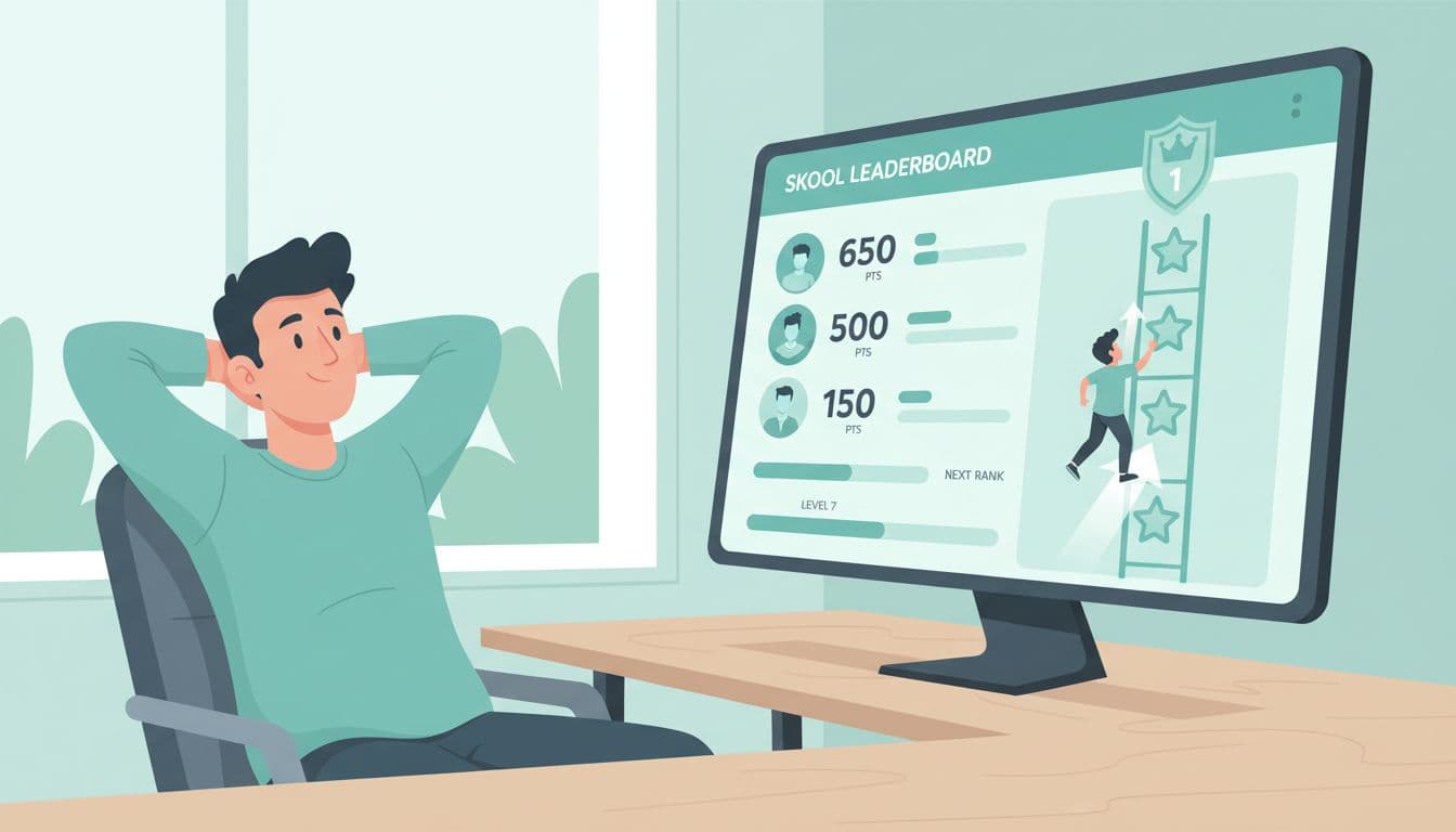 Student at desk views screen showing gamified leaderboard with points, badges, and progress bars.