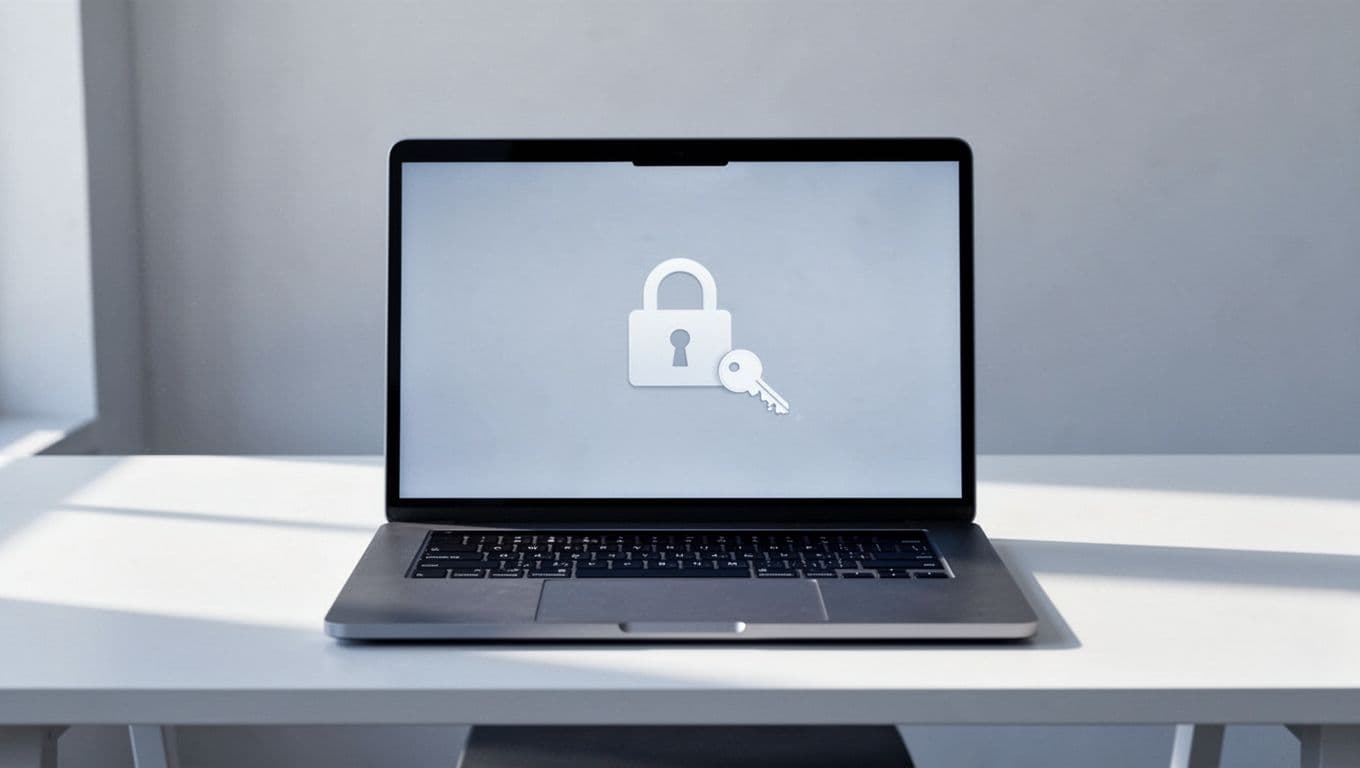 Minimalist desk with prominent laptop showing screen blocked by lock icon and login prompt, subtle key nearby.
