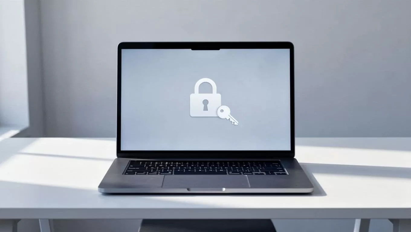 Minimalist desk with prominent laptop showing screen blocked by lock icon and login prompt, subtle key nearby.