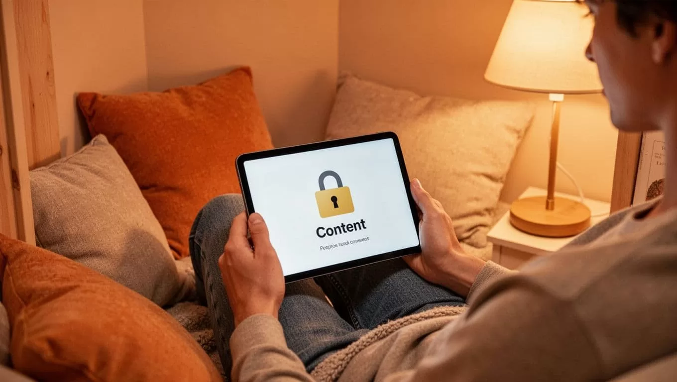 Person sits comfortably in cozy reading nook holding tablet displaying locked WordPress premium library with login prompt.