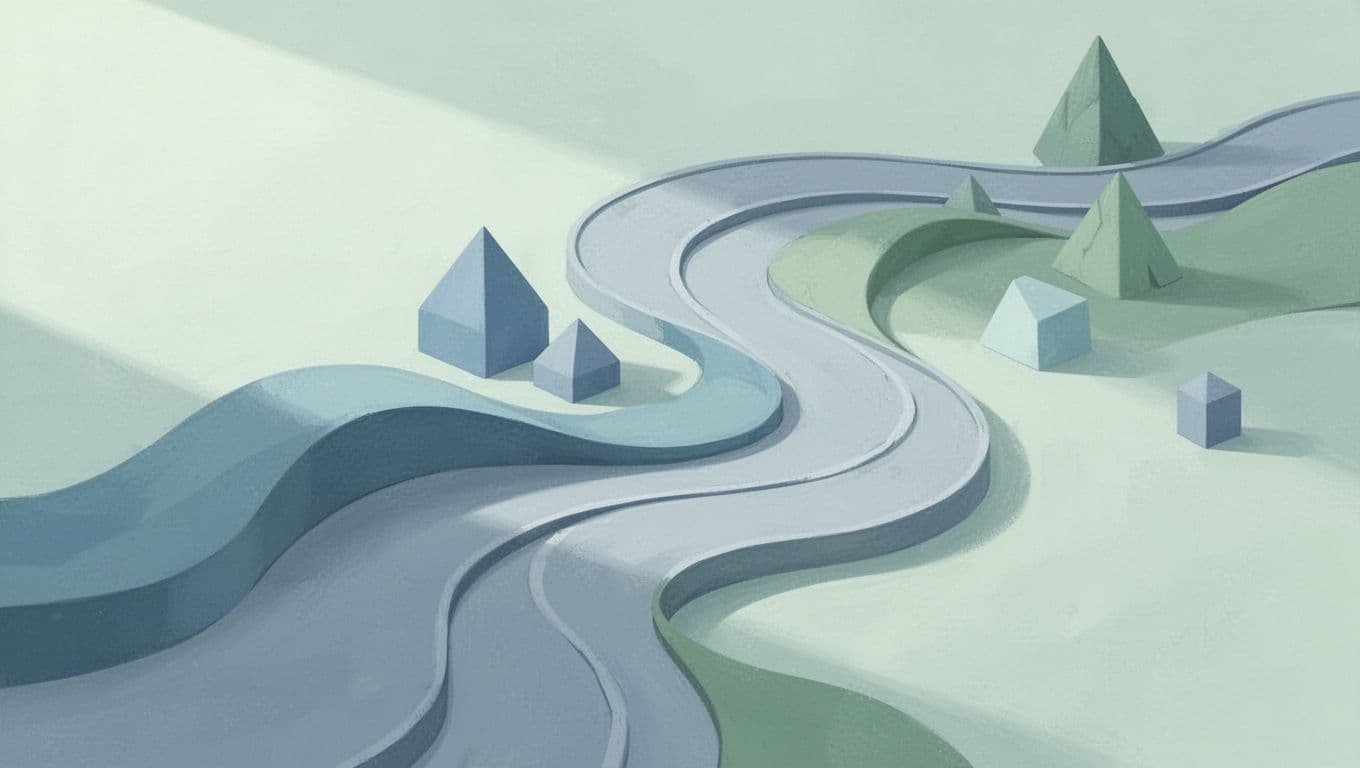 Soft geometric shapes move steadily along a smooth, curving path in a minimalist flat style.