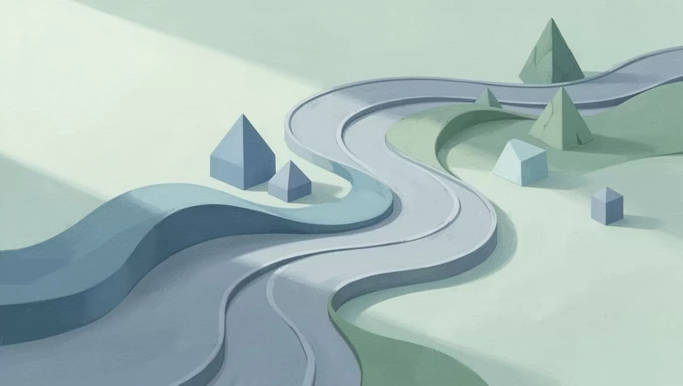 Soft geometric shapes move steadily along a smooth, curving path in a minimalist flat style.
