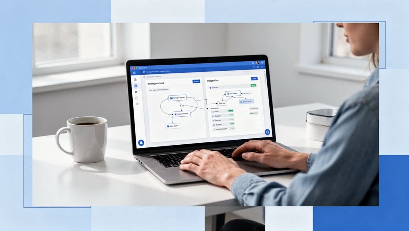 Creator at desk with laptop showing Ghost and MemberSpace dashboards side by side, hands near keyboard, coffee mug.