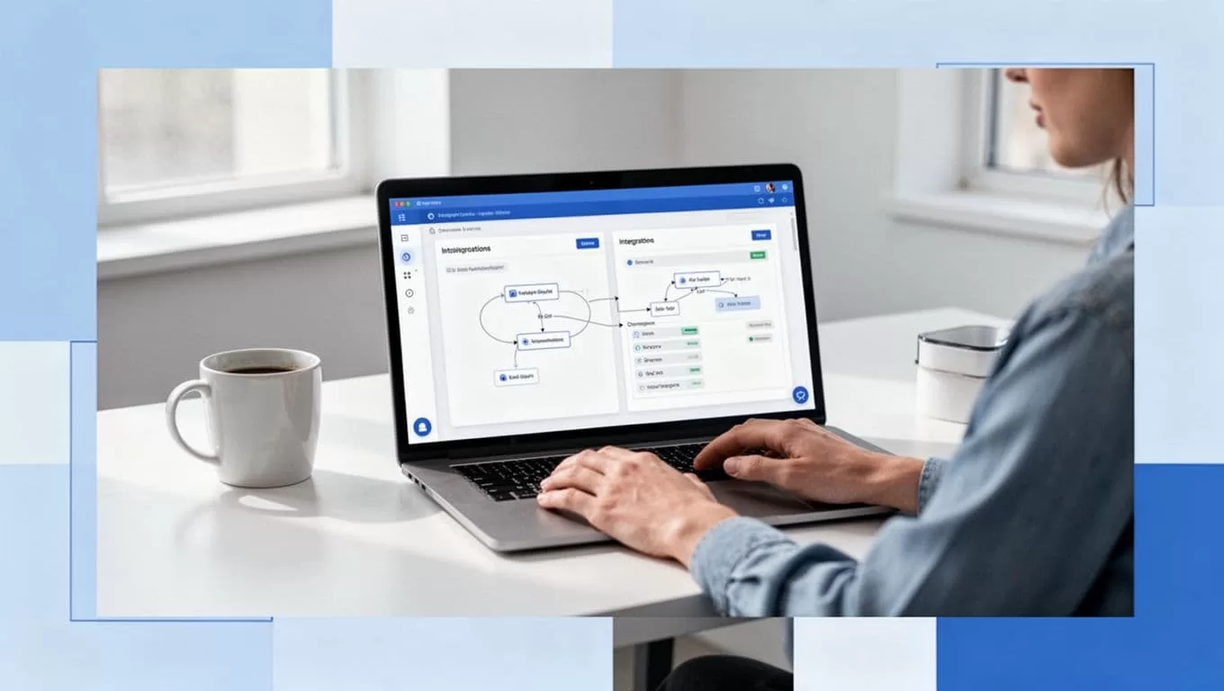 Creator at desk with laptop showing Ghost and MemberSpace dashboards side by side, hands near keyboard, coffee mug.