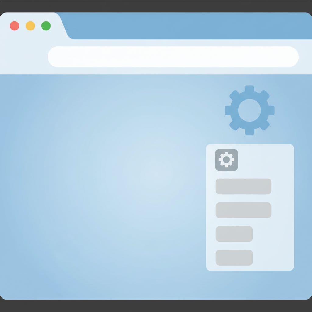 Laptop screen shows settings gear icon and menu list in soft blue-grey tones.